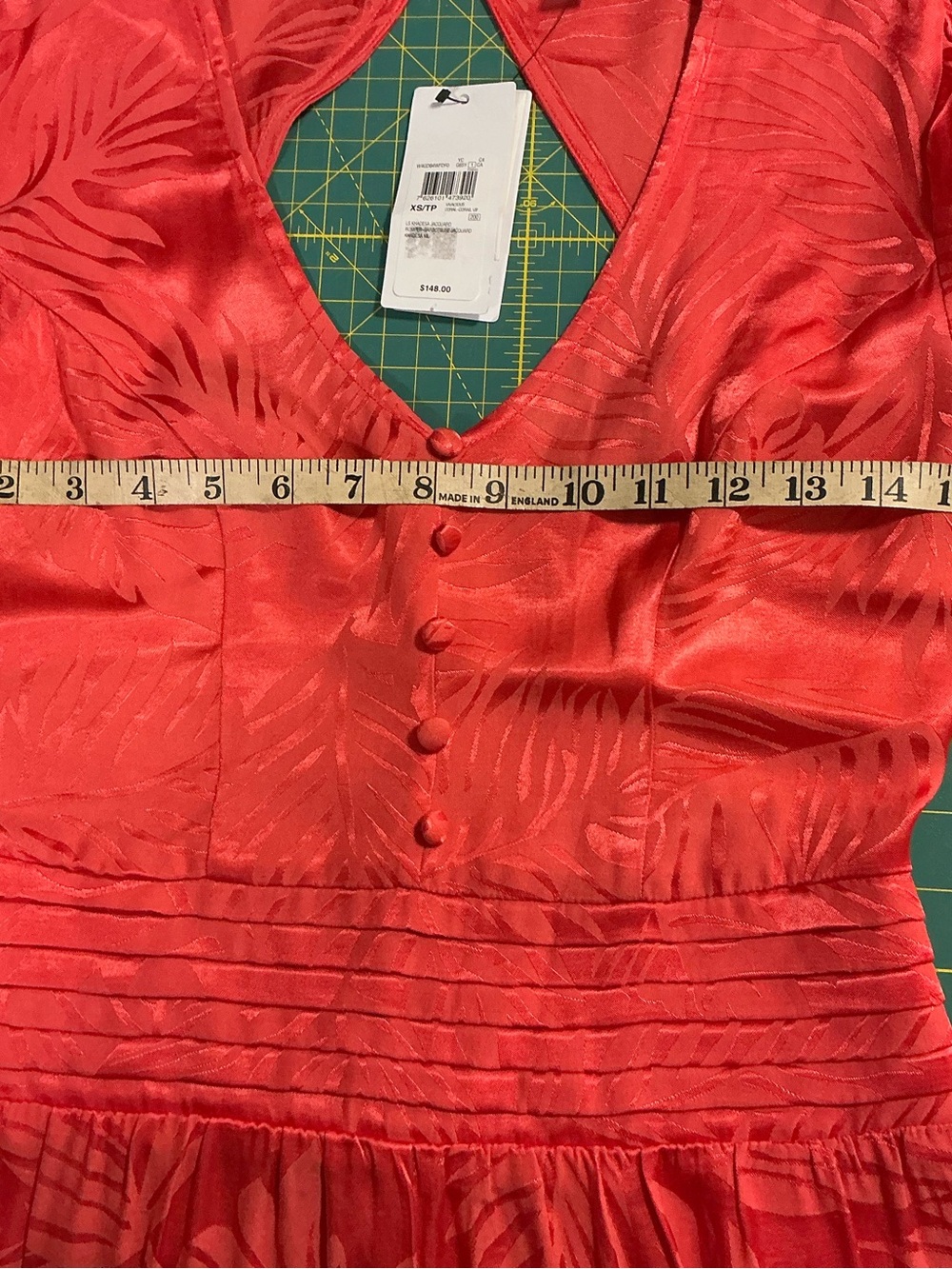 2335 - Guess Red Satin Leaf-Print Long Sleeve Mini Dress - Picture 11 of 12